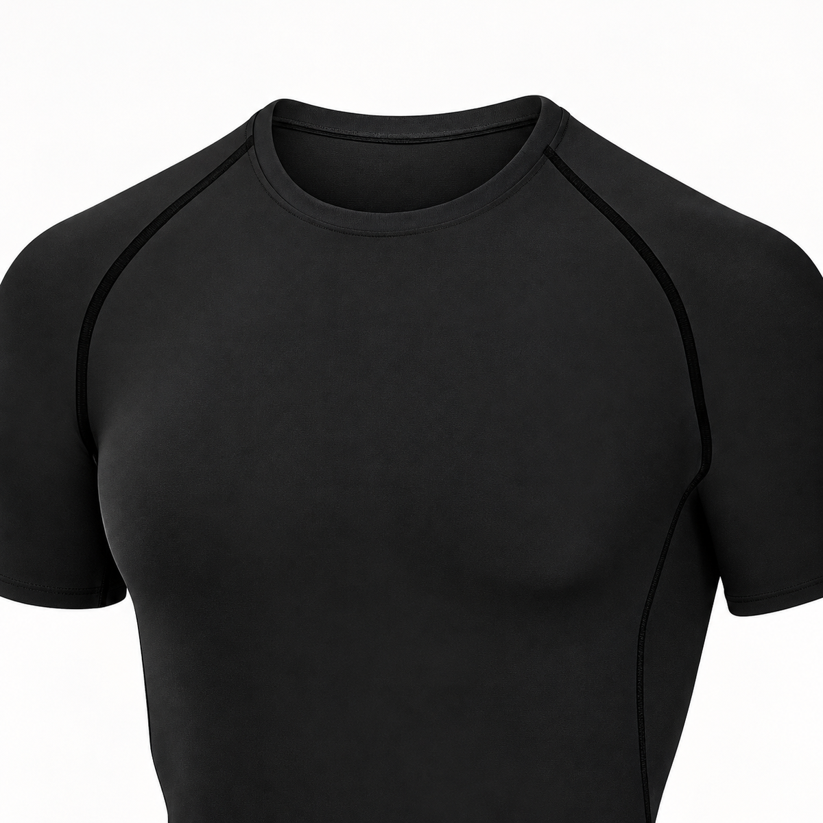 Close-up of the black compression tee’s crew neckline, raglan seams and short-sleeve construction.