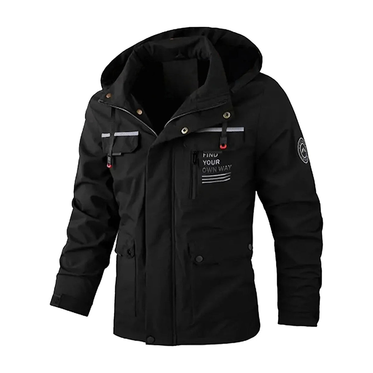 Men's multi-pocket hooded jacket in black, front view