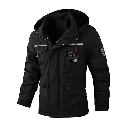 Men's multi-pocket hooded jacket in black, front view