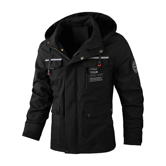 Men's multi-pocket hooded jacket in black, front view