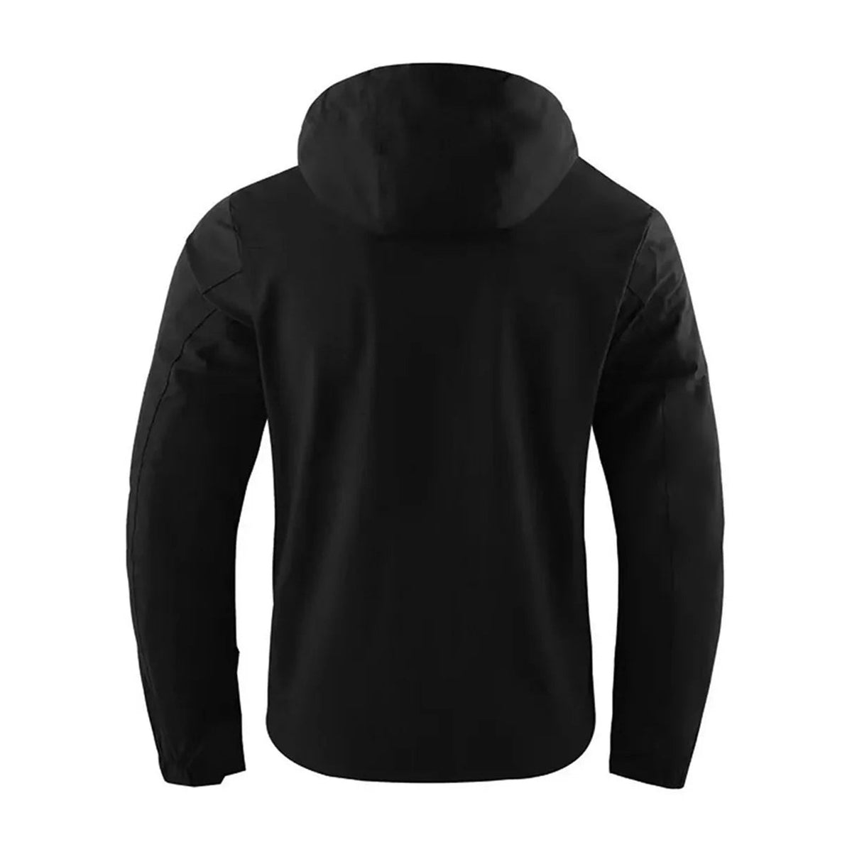 Men's multi-pocket hooded jacket in black, rear view