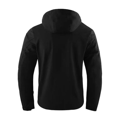 Men's multi-pocket hooded jacket in black, rear view