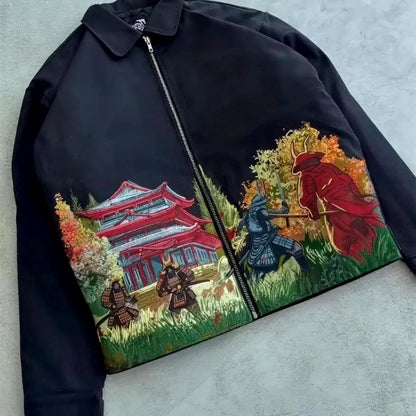 Black Japanese samurai embroidered zip jacket laid flat, full front artwork
