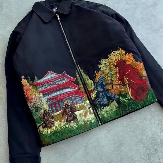 Black Japanese samurai embroidered zip jacket laid flat, full front artwork