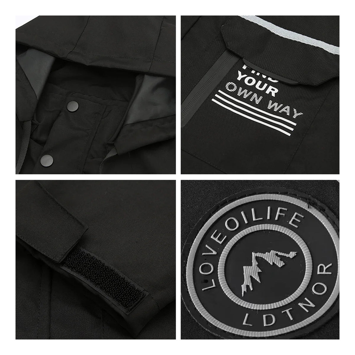 Black hooded jacket supplier detail close-ups showing pocket, print, cuff and sleeve patch