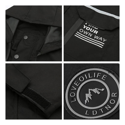 Black hooded jacket supplier detail close-ups showing pocket, print, cuff and sleeve patch