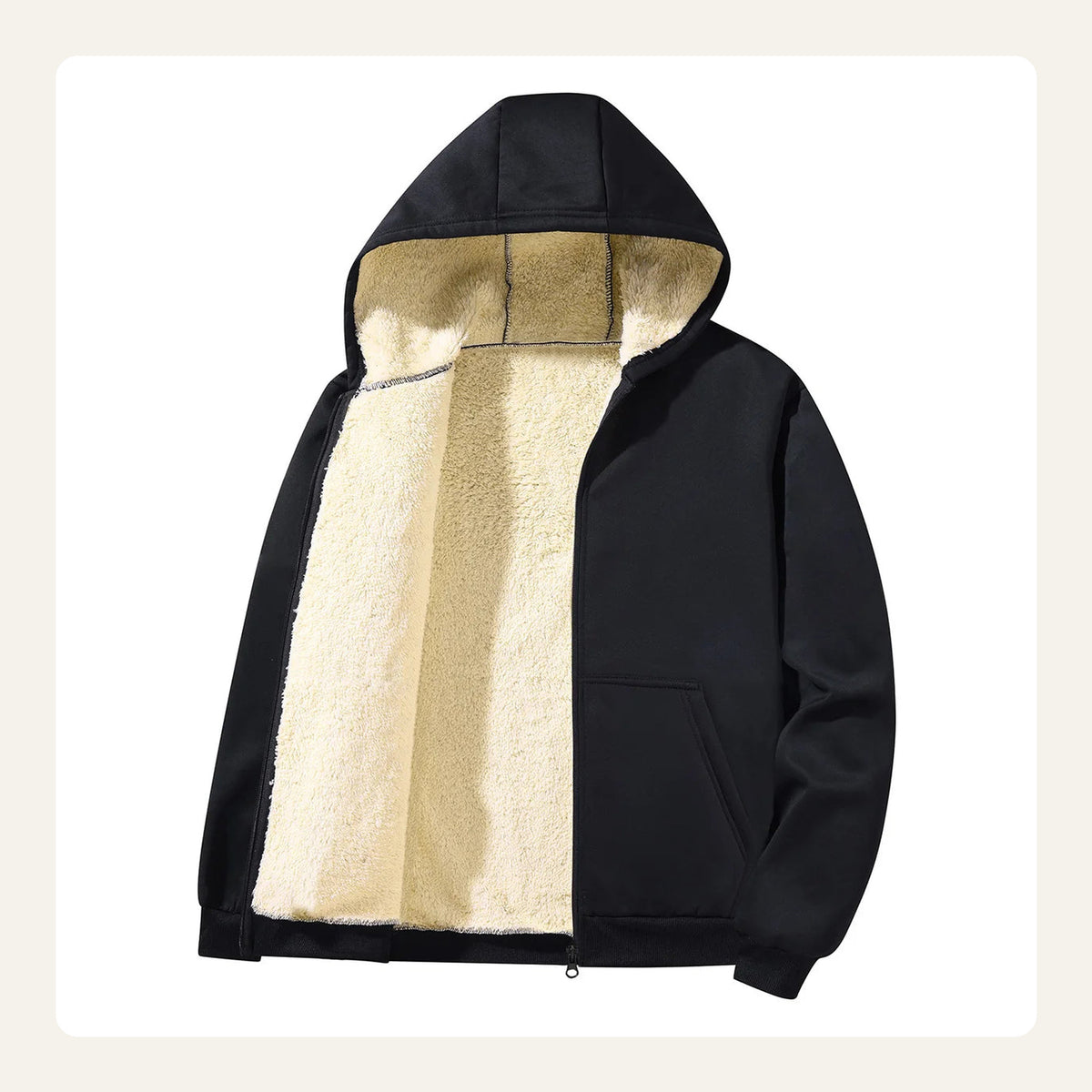 Black full zip hoodie with cream sherpa interior