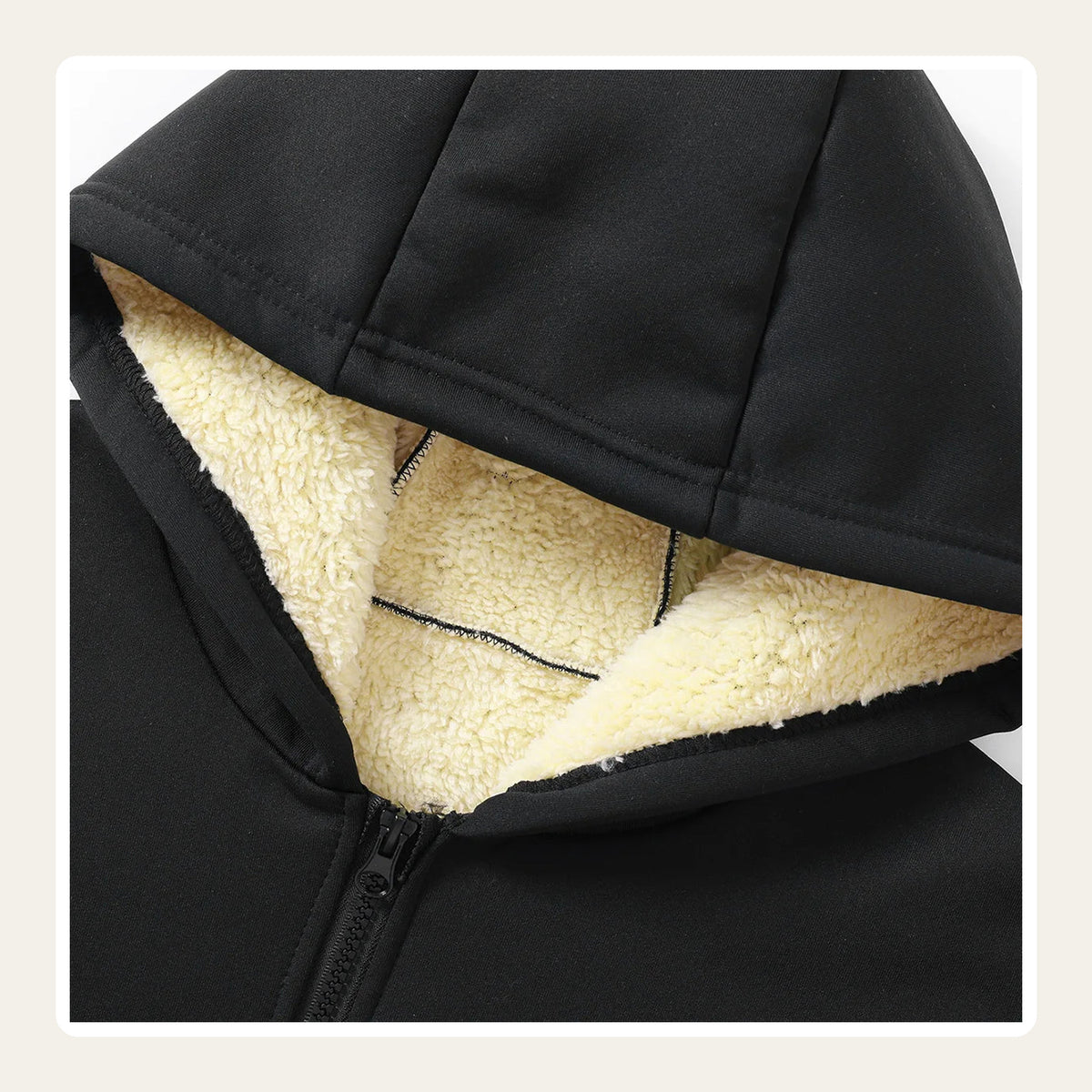 Black sherpa lined hoodie hood and zipper detail