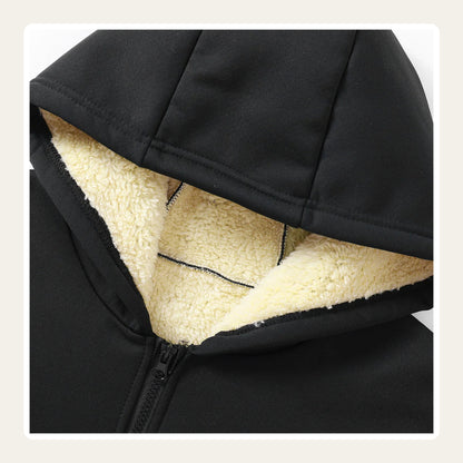 Black sherpa lined hoodie hood and zipper detail