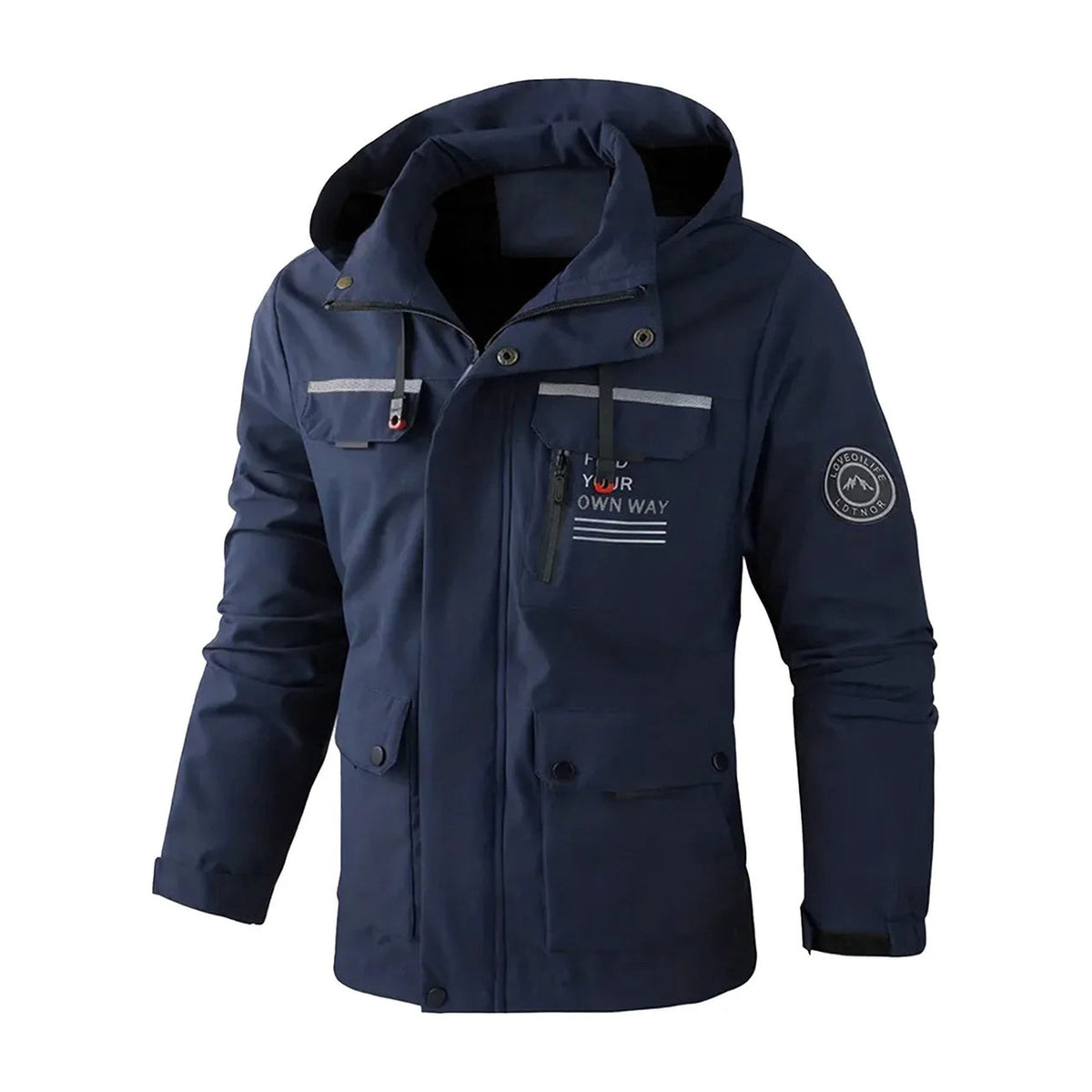Men's multi-pocket hooded jacket in navy blue, front view