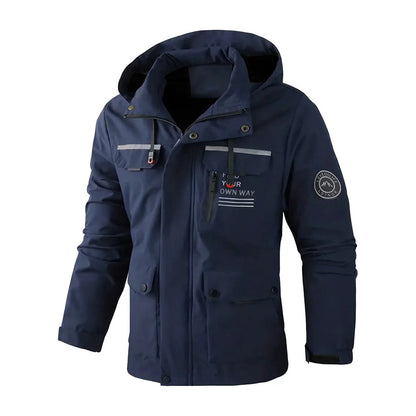Men's multi-pocket hooded jacket in navy blue, front view