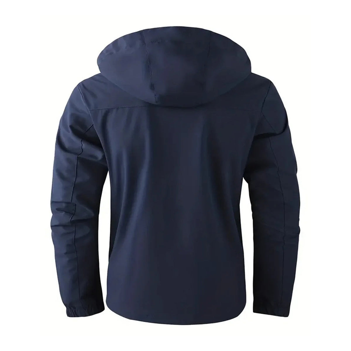 Men's multi-pocket hooded jacket in navy blue, rear view
