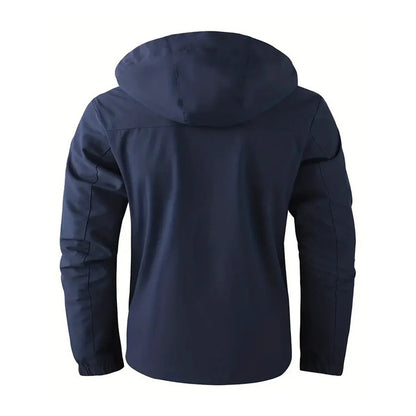 Men's multi-pocket hooded jacket in navy blue, rear view
