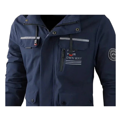 Navy blue jacket close-up of upper chest pockets and zipper