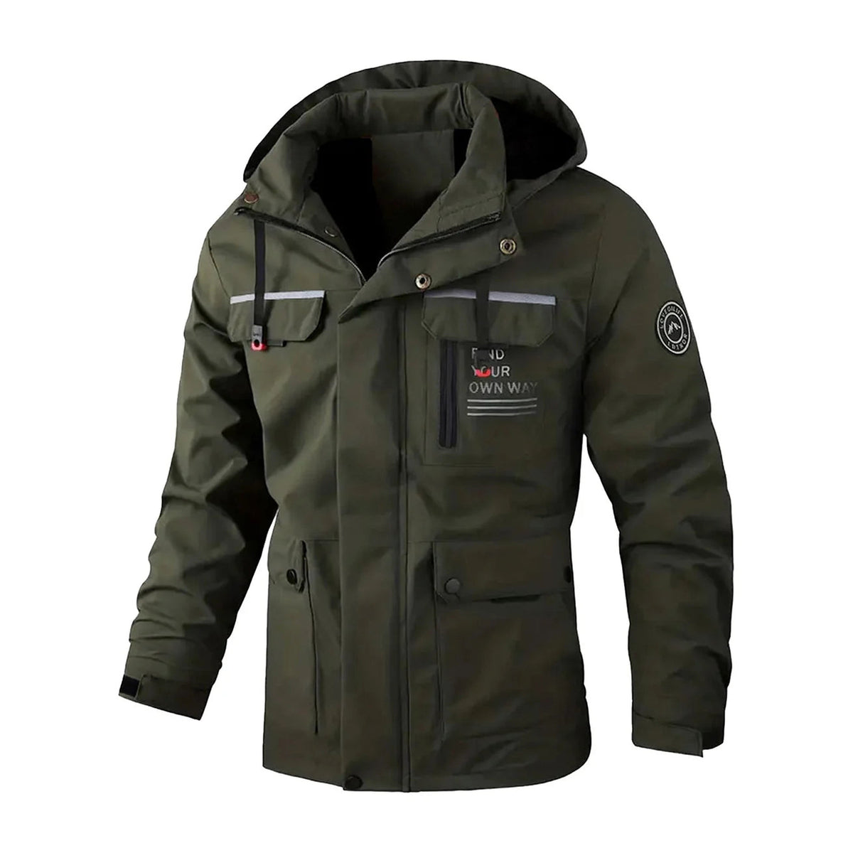 Men's multi-pocket hooded jacket in army green, front view