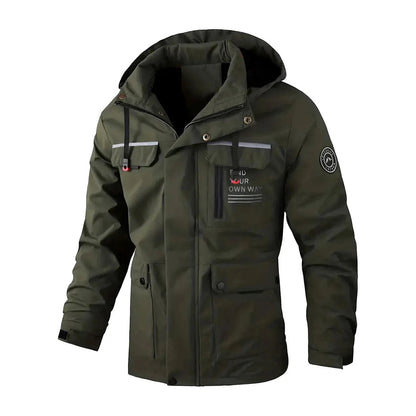 Men's multi-pocket hooded jacket in army green, front view