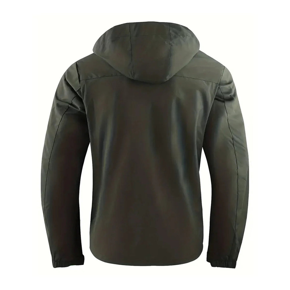 Men's multi-pocket hooded jacket in army green, rear view