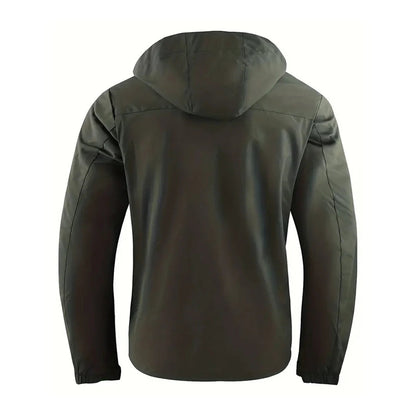 Men's multi-pocket hooded jacket in army green, rear view