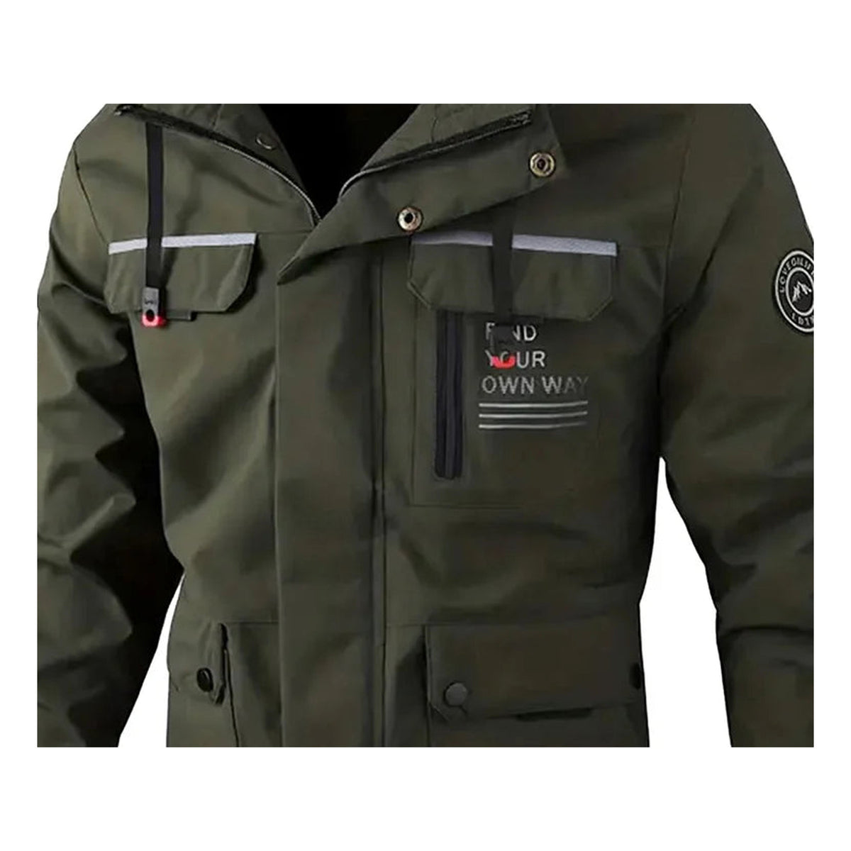 Army green jacket close-up of upper chest and pocket design