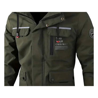 Army green jacket close-up of upper chest and pocket design