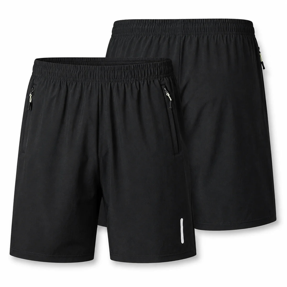 Two black athletic shorts shown as a two-piece set