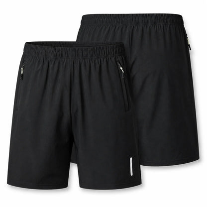 Two black athletic shorts shown as a two-piece set