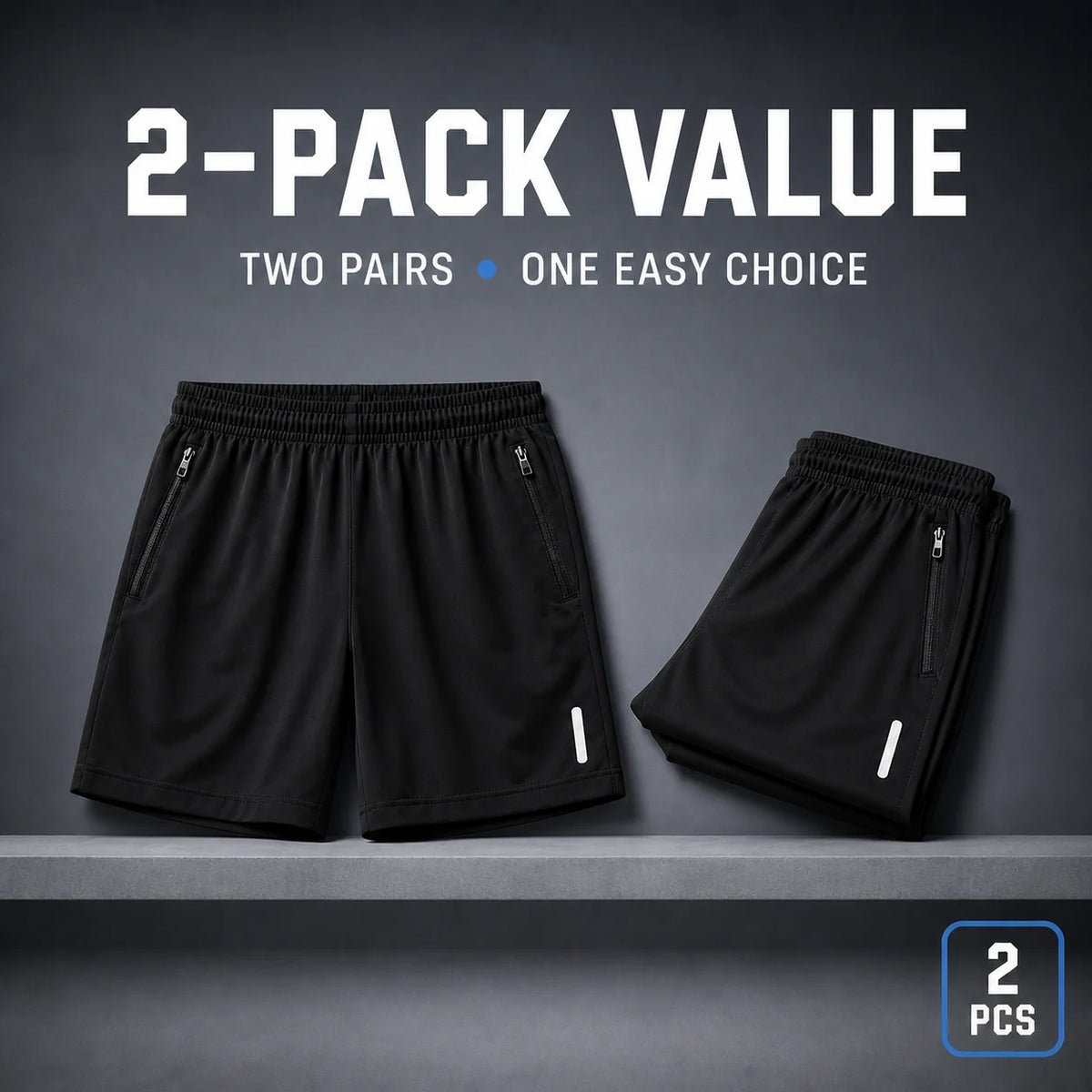 Two black shorts shown side by side as a two-piece pack