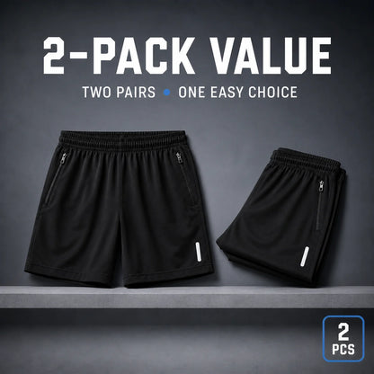 Two black shorts shown side by side as a two-piece pack