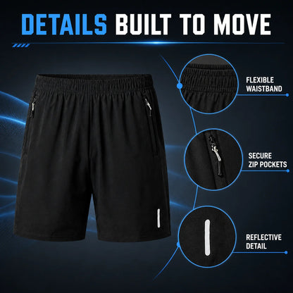 Close-up graphic of black shorts showing elastic waist, zipper pockets and light-colored trim