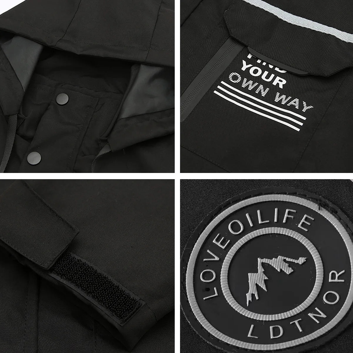 Black jacket construction details showing pocket, cuff and decorative fabric patches