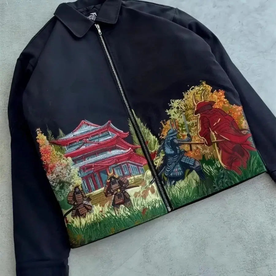 Black zip-front jacket with colorful lower-front samurai scene, displayed flat