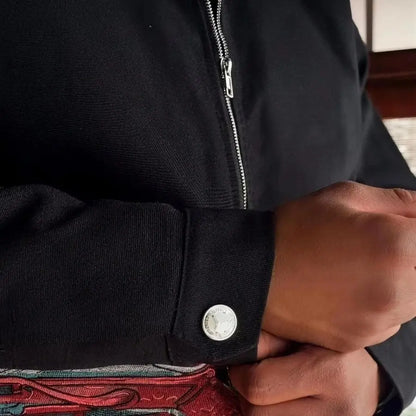 Detail of black jacket sleeve cuff, snap button and zipper
