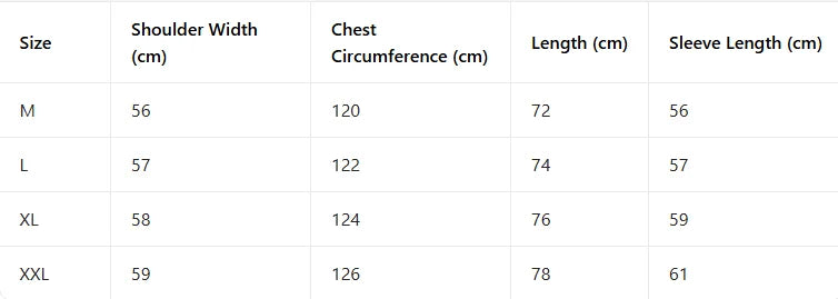 Supplier size chart with shoulder, chest, length and sleeve measurements in centimeters