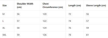 Supplier size chart with shoulder, chest, length and sleeve measurements in centimeters