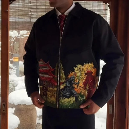 Model wearing black zip-front jacket with colorful samurai and castle artwork