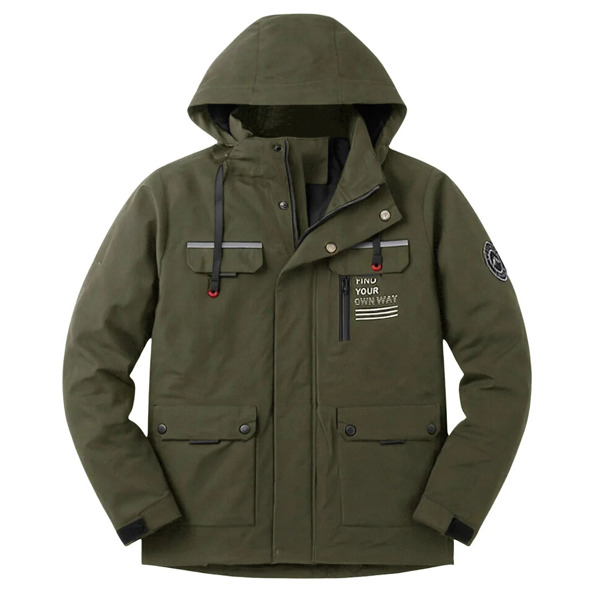 Army green hooded multi-pocket jacket front view with zipper and pockets
