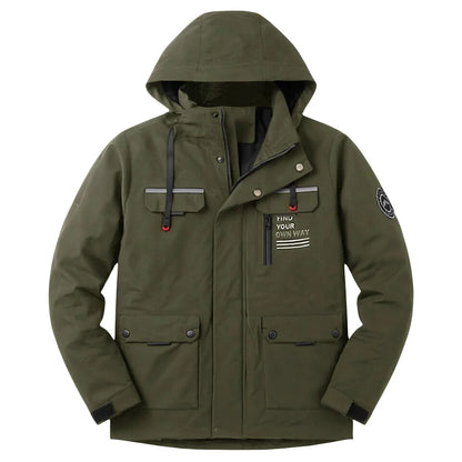 Army green hooded multi-pocket jacket front view with zipper and pockets