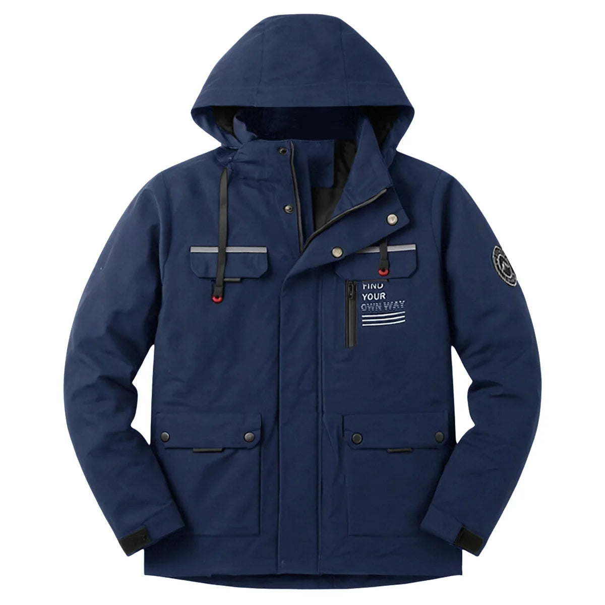 Navy blue hooded multi-pocket jacket front view with zipper and pockets