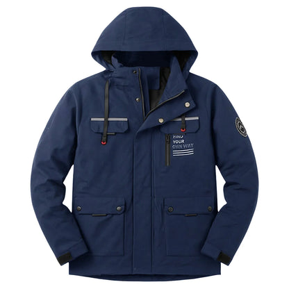 Navy blue hooded multi-pocket jacket front view with zipper and pockets