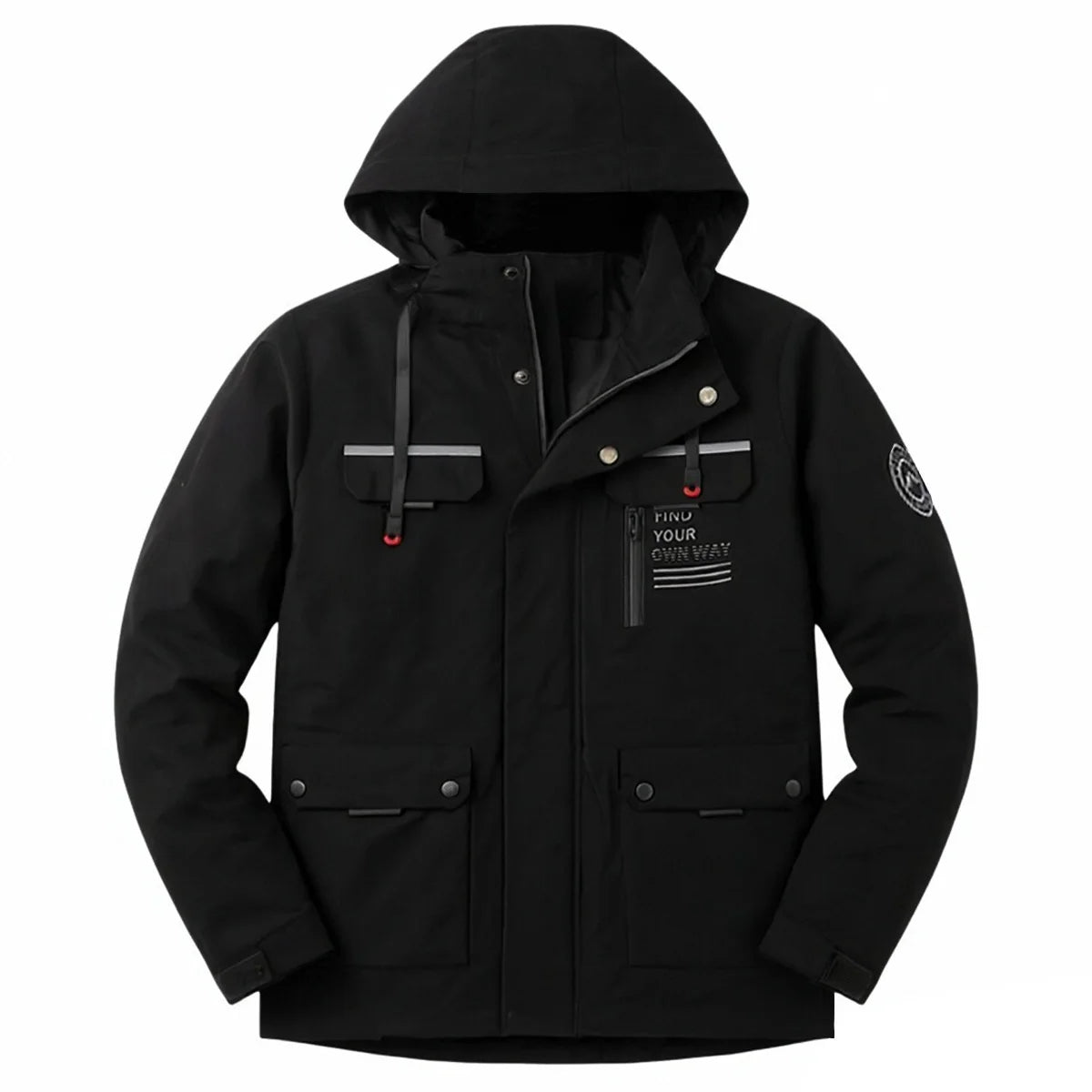 Black hooded multi-pocket jacket front view with zipper and pockets