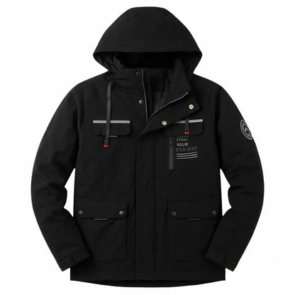 Black hooded multi-pocket jacket front view with zipper and pockets