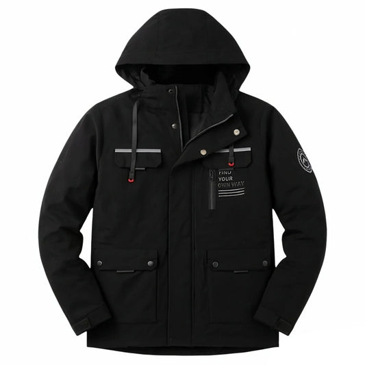 Black hooded multi-pocket jacket front view with zipper and pockets