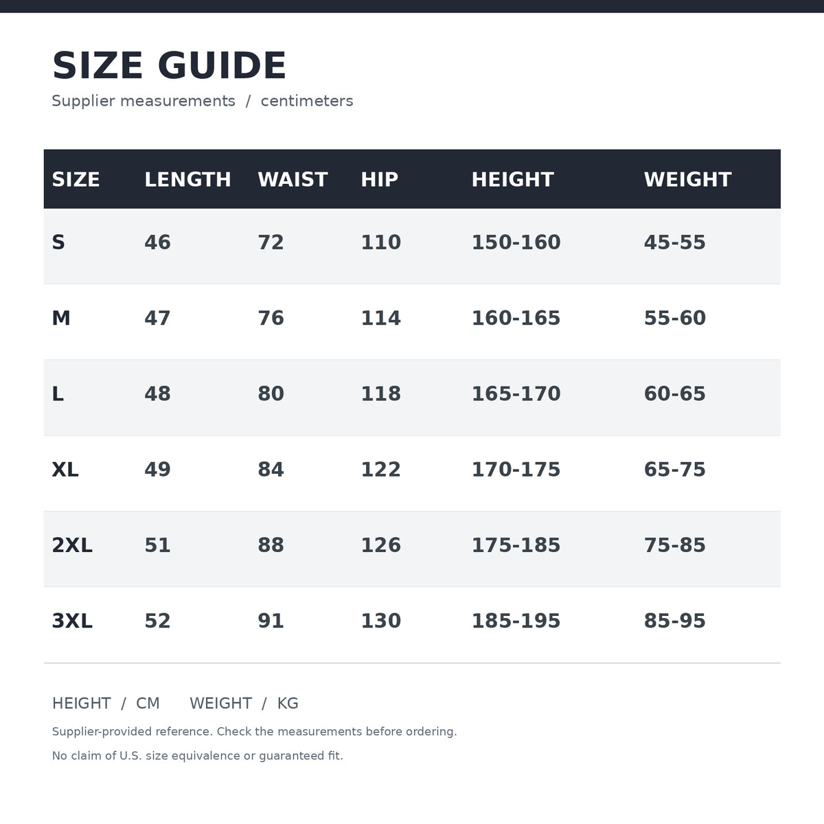 LetsBorn men's training shorts — shared supplier size chart