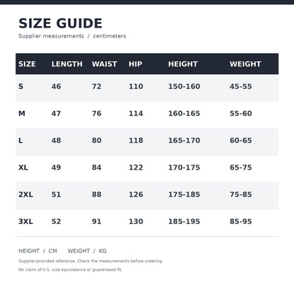 LetsBorn men's training shorts — shared supplier size chart