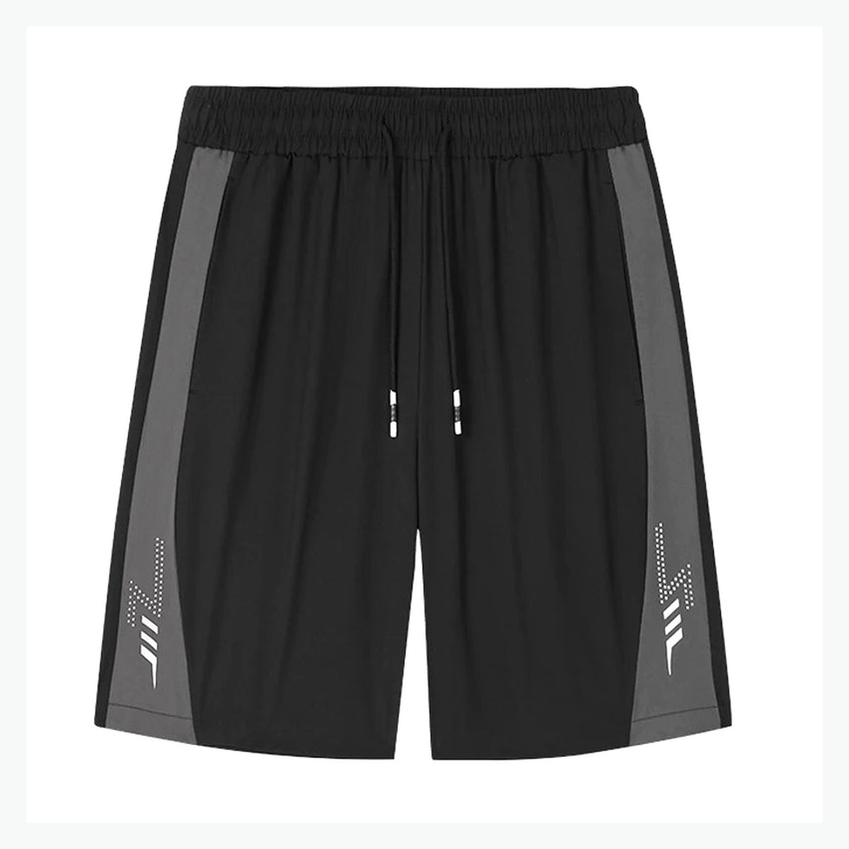 Black training shorts front on neutral background, contrast grey side panels and drawcord