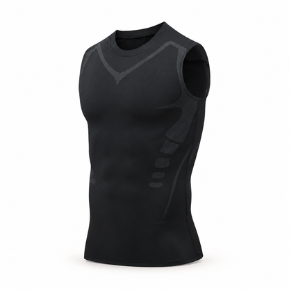 Black men's compression tank top with charcoal V-shaped chest pattern and tonal side detailing, front three-quarter view.