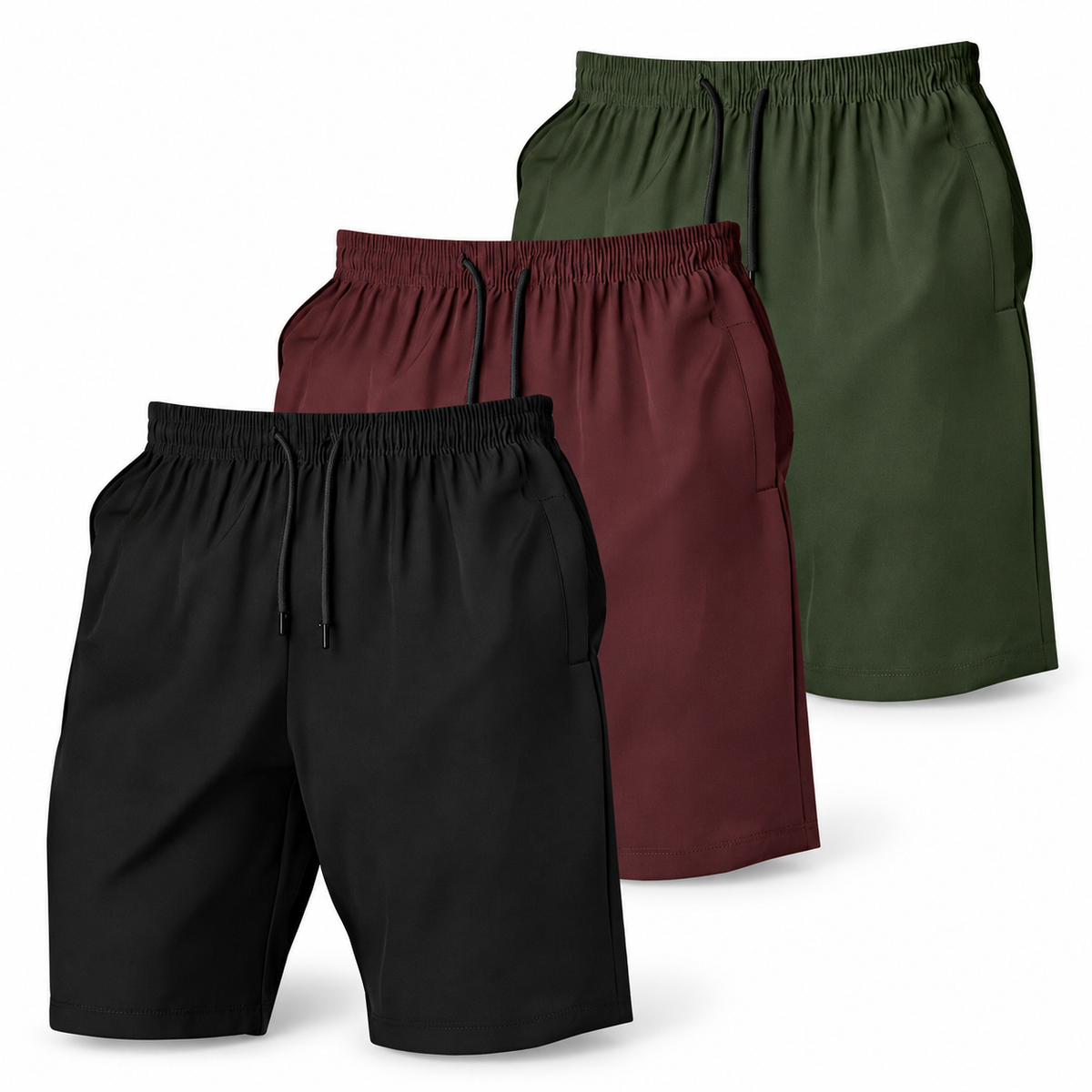 Three-pack of men’s shorts in black, burgundy and olive with elastic waists and black drawstrings.