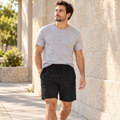 Adult male model wearing the black shorts from the three-pack on an outdoor walkway.