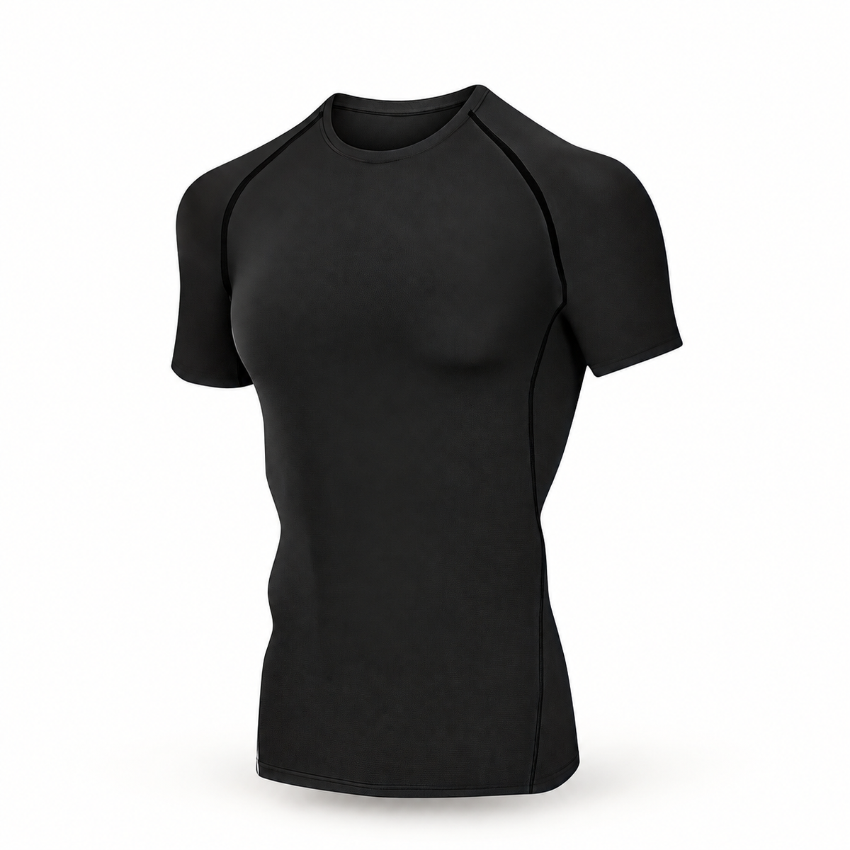 Plain black short-sleeve compression tee with crew neckline and raglan seams on a clean studio background.