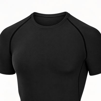 Close-up of the black compression tee’s crew neckline, raglan seams and short-sleeve construction.